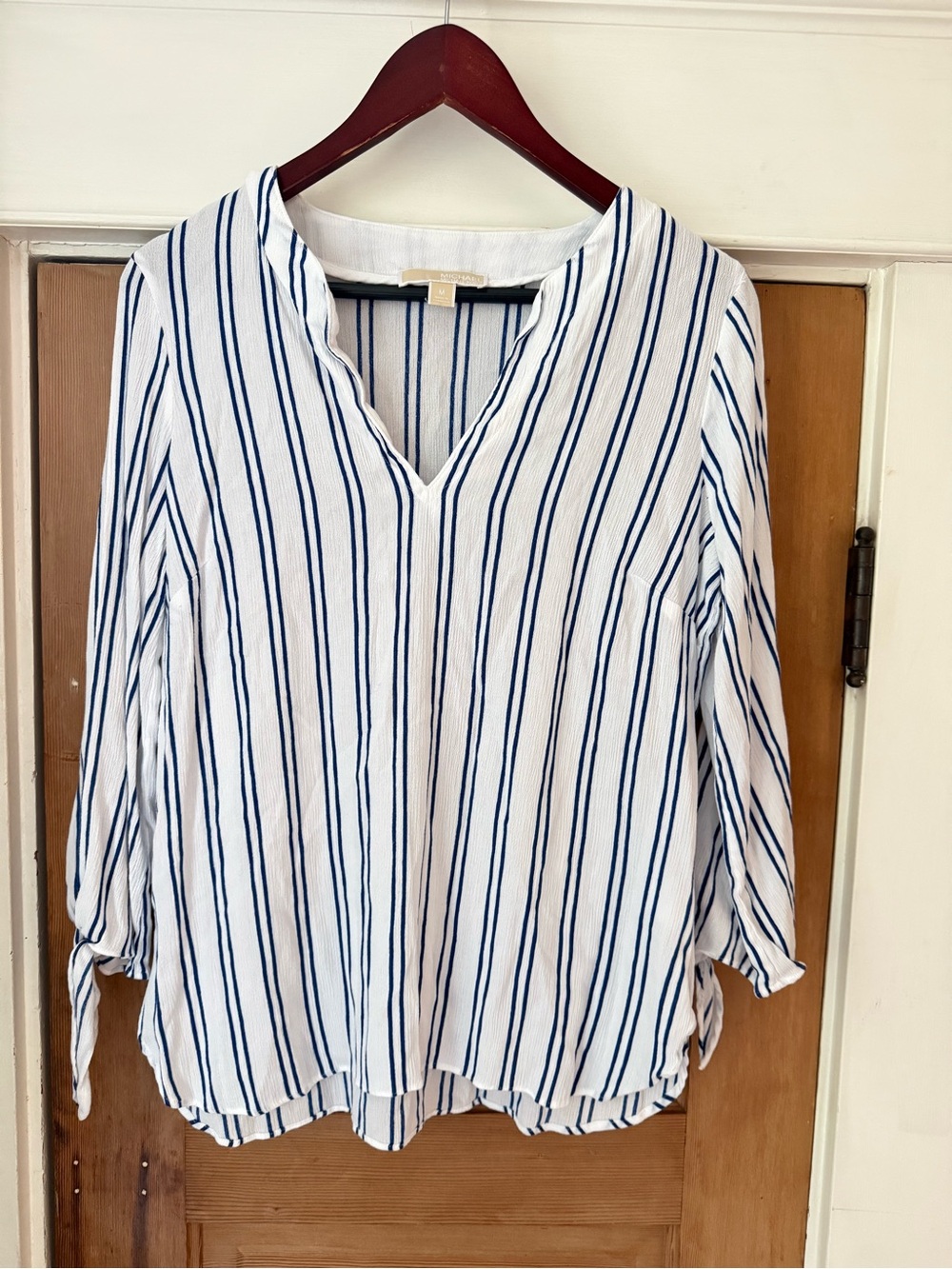 Michael Kors White V-Neck Blouse with Navy Stripes